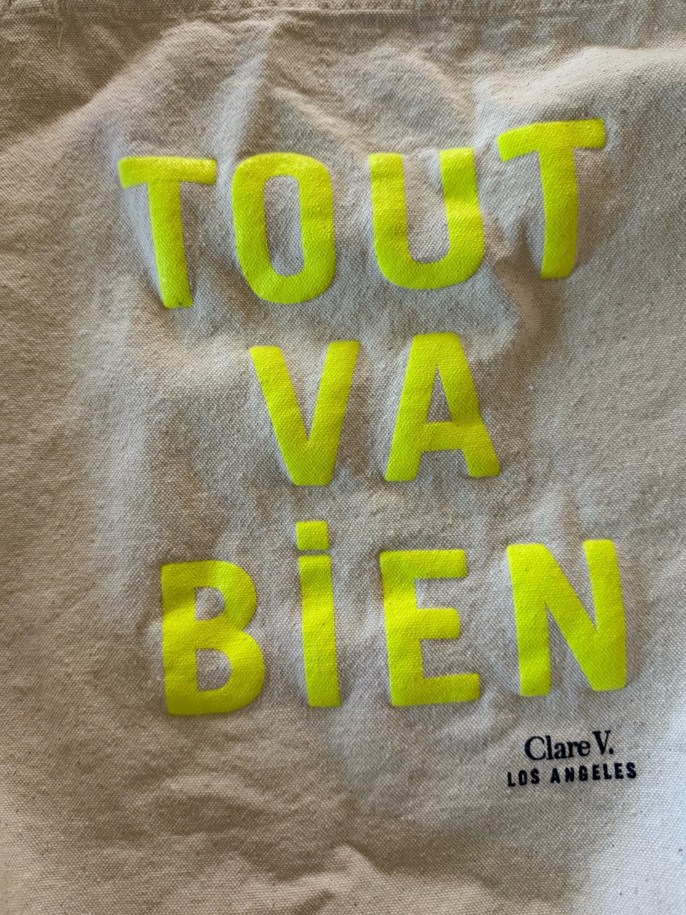 Clare V. Tout Va Bien Canvas Tote Cream and Neon Yellow - Picture 5 of 6